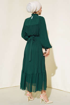 Fırfırlı Piliseli Şifon Elbise Zümrüt Yeşili - Thumbnail
