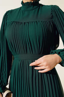 Fırfırlı Piliseli Şifon Elbise Zümrüt Yeşili - Thumbnail