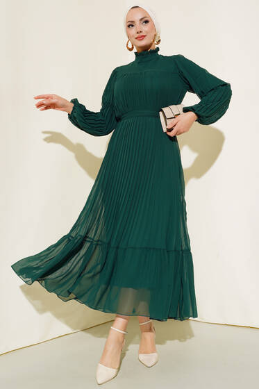 Fırfırlı Piliseli Şifon Elbise Zümrüt Yeşili - Tesettür Elbise