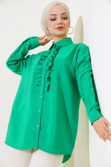 Fırfırlı Salaş Gömlek Yeşil - Gömlek