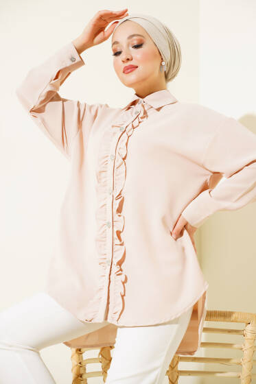 Fırfırlı Taş Düğmeli Gömlek Bej - Gömlek