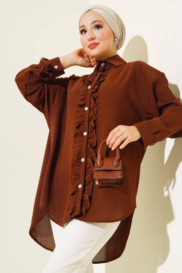 Fırfırlı Taş Düğmeli Gömlek Kahve - Gömlek