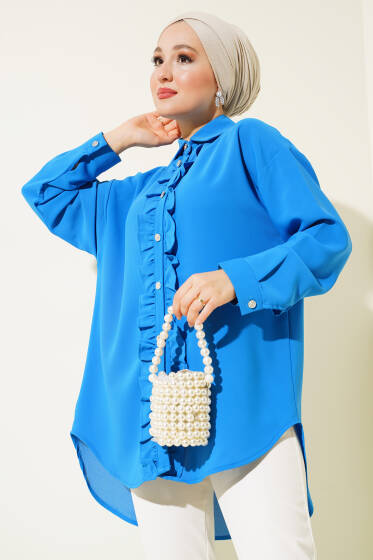 Fırfırlı Taş Düğmeli Gömlek Mavi - Gömlek