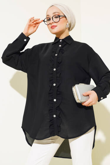 Fırfırlı Taş Düğmeli Gömlek Siyah - Gömlek