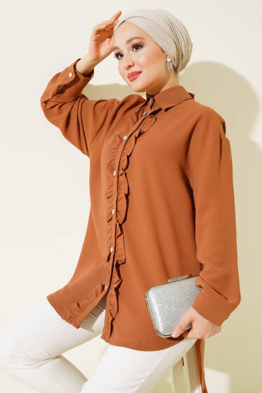 Fırfırlı Taş Düğmeli Gömlek Taba - Gömlek