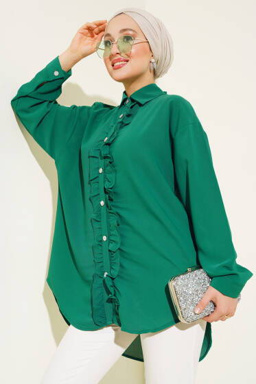 Fırfırlı Taş Düğmeli Gömlek Yeşil - Gömlek