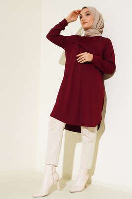 Fırfırlı Taş Süslemeli Tunik Bordo - Tunik