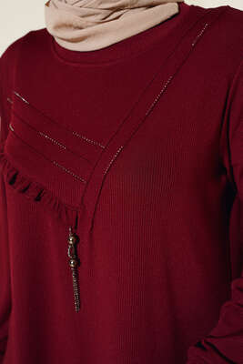 Fırfırlı Taş Süslemeli Tunik Bordo - Tunik
