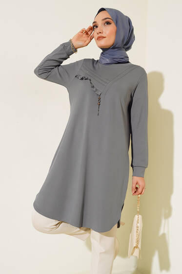 Fırfırlı Taş Süslemeli Tunik Gri - Tunik
