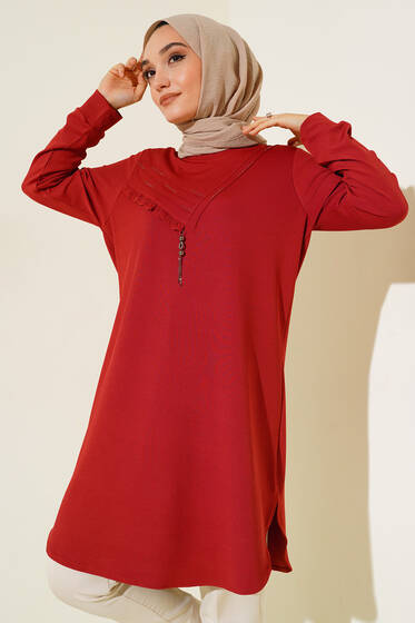 Fırfırlı Taş Süslemeli Tunik Kiremit - Tunik