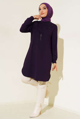 Fırfırlı Taş Süslemeli Tunik Mürdüm - Tunik