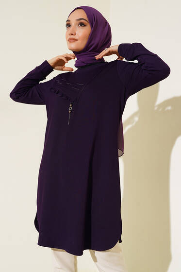 Fırfırlı Taş Süslemeli Tunik Mürdüm - Tunik