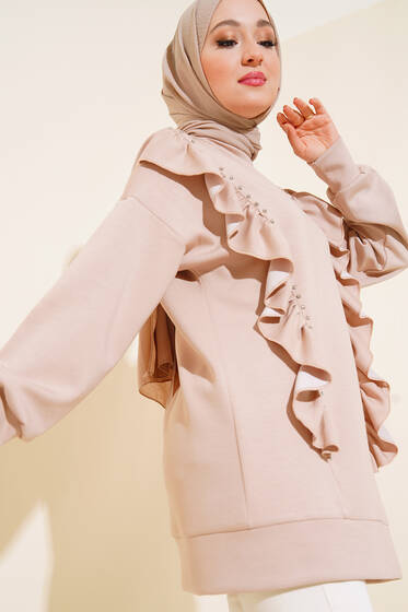 Fırfırlı Taşlı Tunik Bej - Tunik