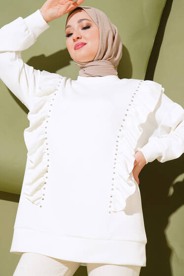Fırfırlı Taşlı Tunik Ekru - Tunik
