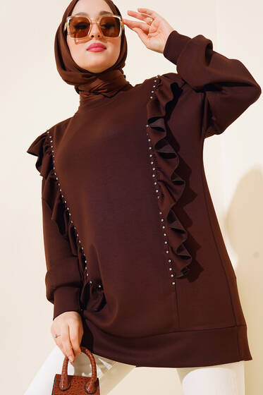 Fırfırlı Taşlı Tunik Kahve - Tunik