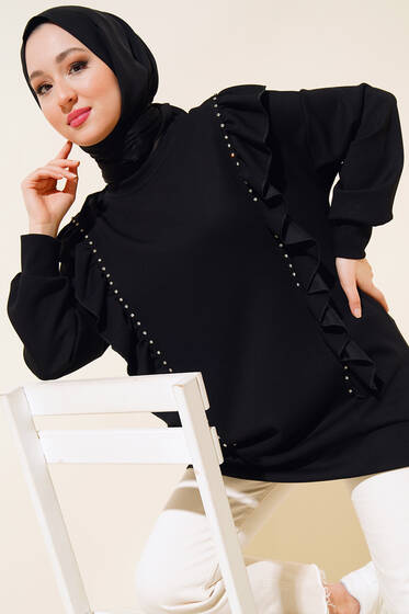 Fırfırlı Taşlı Tunik Siyah - Tunik