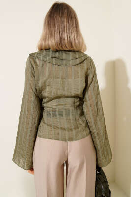 Fırfırlı Transparan Bluz Haki - Kadın Giyim Modelleri