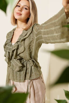 Fırfırlı Transparan Bluz Haki 