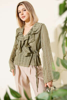 Fırfırlı Transparan Bluz Haki - Kadın Giyim Modelleri