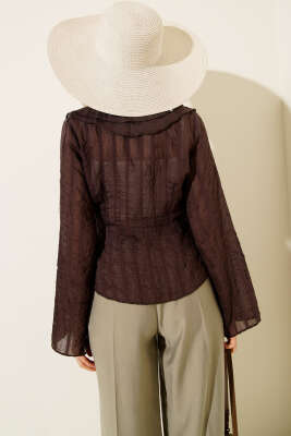 Fırfırlı Transparan Bluz Kahve - Kadın Giyim Modelleri