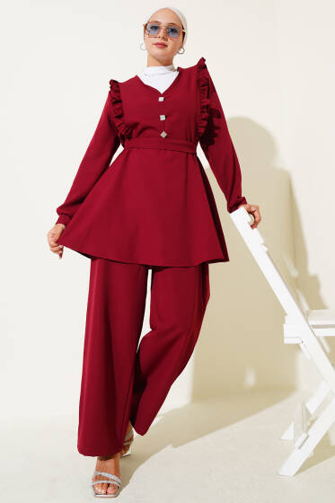 Fırfırlı V Yaka Dabıl İkili Takım Bordo - İkili Takım