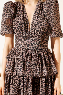 Fırfırlı V Yaka Mini Şifon Elbise Leopar - Kadın Giyim Modelleri