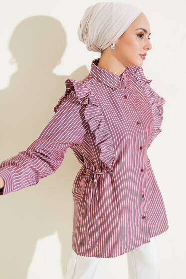 Fırfırlı Yan İp Bağcıklı Çizgili Gömlek Burgonya - Gömlek