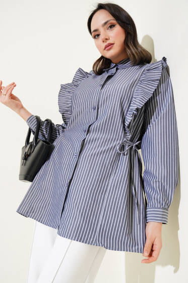 Fırfırlı Yan İp Bağcıklı Çizgili Gömlek Füme - Gömlek