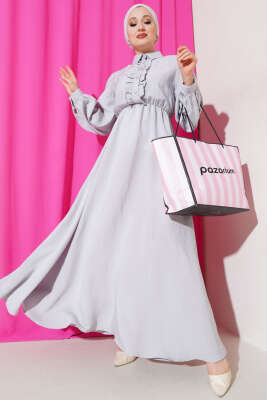 Fırfırlı Yarı Patlı Elbise Gri 