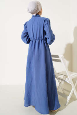 Fırfırlı Yarı Patlı Elbise İndigo - Tesettür Elbise