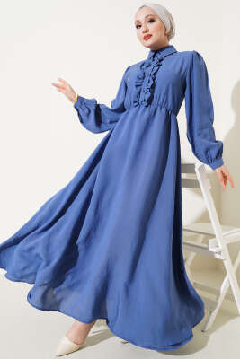 Fırfırlı Yarı Patlı Elbise İndigo 