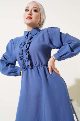 Fırfırlı Yarı Patlı Elbise İndigo - Tesettür Elbise