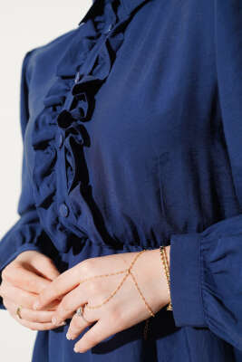 Fırfırlı Yarı Patlı Elbise Lacivert - Tesettür Elbise