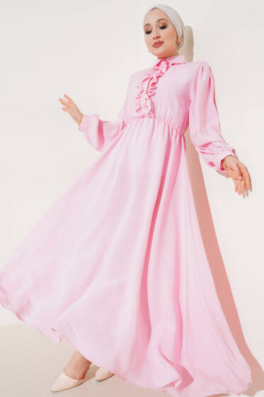 Fırfırlı Yarı Patlı Elbise Pembe - Elbise