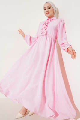 Fırfırlı Yarı Patlı Elbise Pembe 