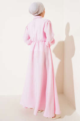 Fırfırlı Yarı Patlı Elbise Pembe - Tesettür Elbise