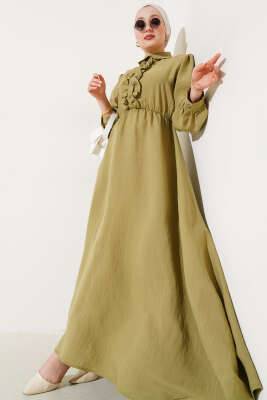Fırfırlı Yarı Patlı Elbise Yağ Yeşili 
