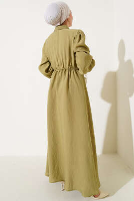 Fırfırlı Yarı Patlı Elbise Yağ Yeşili - Tesettür Elbise