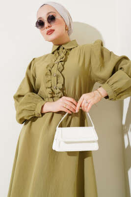 Fırfırlı Yarı Patlı Elbise Yağ Yeşili - Tesettür Elbise