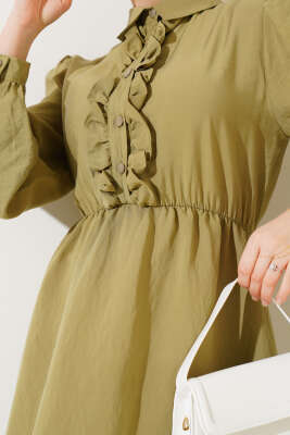 Fırfırlı Yarı Patlı Elbise Yağ Yeşili - Tesettür Elbise