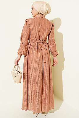 Fırfırlı Zigzag Desenli Elbise Camel - Fendel