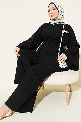 Fisto Detaylı Geniş Kollu Keten İkili Takım Siyah 