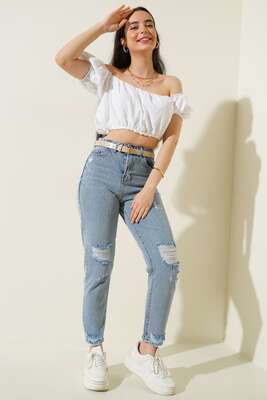 Fistolu Straplez Crop Ekru - Yılın Fırsatı