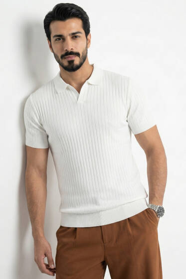 Fitilli Açık Polo Yaka Erkek Triko T-shirt Beyaz - Beyaz Polo Yaka Tişört