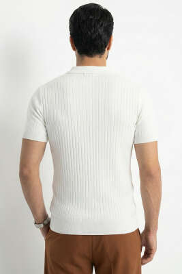 Fitilli Açık Polo Yaka Erkek Triko T-shirt Beyaz - Erkek T-shirt