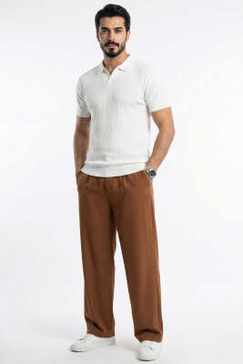 Fitilli Açık Polo Yaka Erkek Triko T-shirt Beyaz - Erkek T-shirt