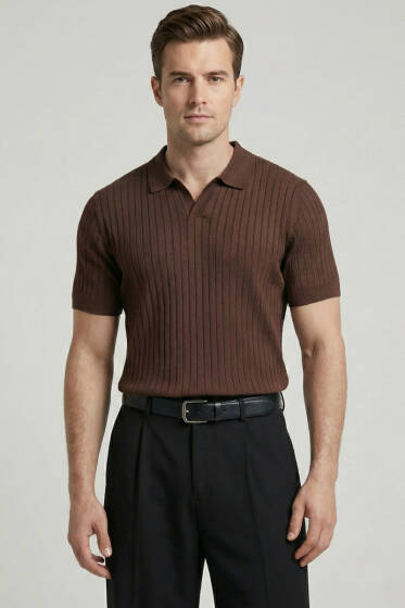 Fitilli Açık Polo Yaka Erkek Triko T-shirt Kahve - Erkek T-shirt