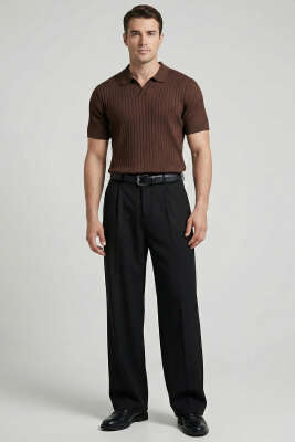 Fitilli Açık Polo Yaka Erkek Triko T-shirt Kahve - Erkek T-shirt