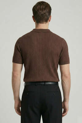 Fitilli Açık Polo Yaka Erkek Triko T-shirt Kahve - Erkek T-shirt