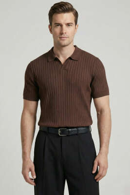 Fitilli Açık Polo Yaka Erkek Triko T-shirt Kahve 